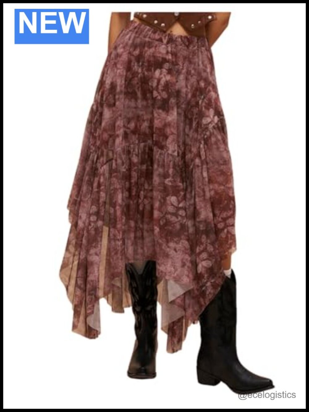 Boho Floral A-Line Midi Skirt High Rise Flowy Ruffled Hem
